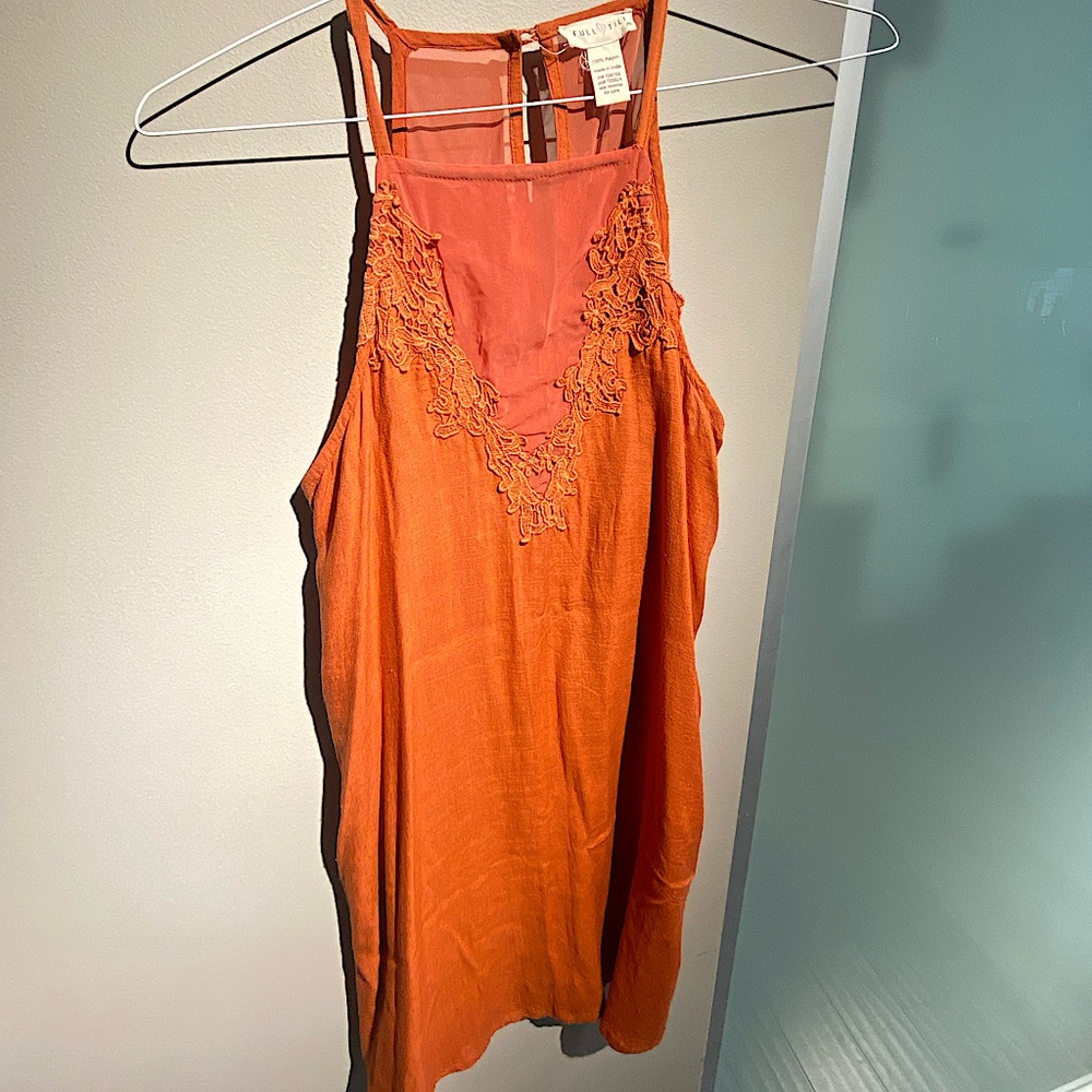 Full Tilt halter mini dress in burnt orange - size medium - with lace detail